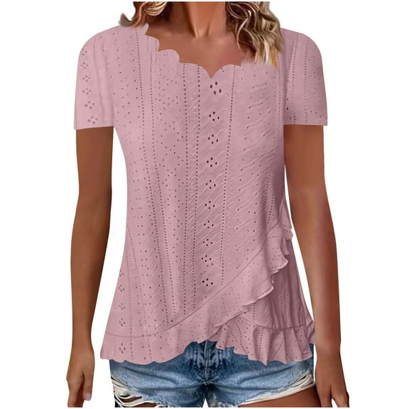 jtjvou Women's Scalloped V Neck Eyelet Tops Trendy 2025 Irregular Ruffle Hem Short Sleeve Summer Casual Blouse Tunic Shirts Pink XXL
