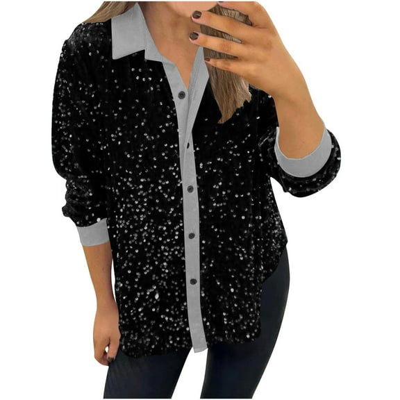 jtjvou Women's Sequin Button Down Shirt Sparkle Collared Long Sleeve Loose Fitting Party Glitter Tops Blouses Gray M