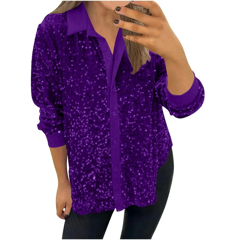 jtjvou Women's Sequin Button Down Shirt Sparkle Collared Long Sleeve Loose  Fitting Party Glitter Tops Blouses Purple S - Walmart.com