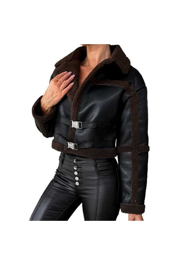 Women's Sherpa Coat Faux-Shearling Faux-Leather Jacket Long Sleeve Parka Winter Warm Moto Bomber Aviator Coat for Women Brown,XL