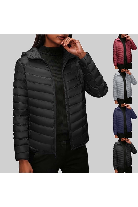Women's Short Down Coat Packable Puffer Jacket With Hooded Winter Light Outerwear Black L
