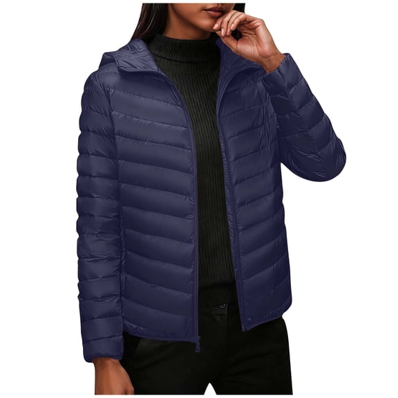jtjvou Women's Short Down Coat Packable Puffer Jacket With Hooded Winter Light Outerwear Blue L