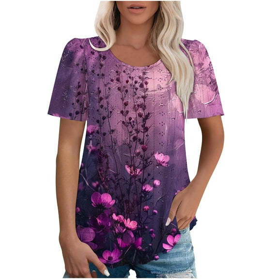 jtjvou Women's Short Sleeve Blouse Crewneck Pullover Floral Tees Trendy Fashion Summer Casual Loose Going out Tops for Teen Multicolor,XL