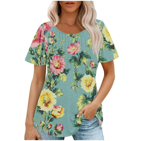 jtjvou Women's Short Sleeve Blouse Round Neck Blouse Going out Tops for Teen Trendy Fashion Oversize Summer Lady Floral Tees Multicolor,XL