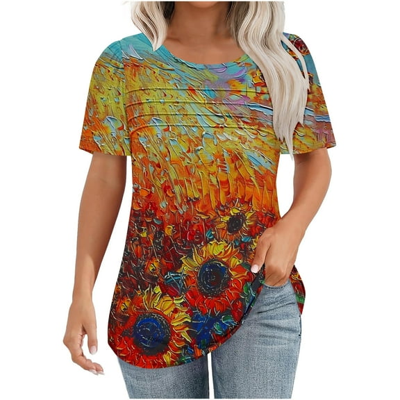 jtjvou Women's Short Sleeve Blouse Round Neck Pullover Oversize Lady Going out Tops for Teen Summer Trendy Fashion Floral Tees Multicolor,M
