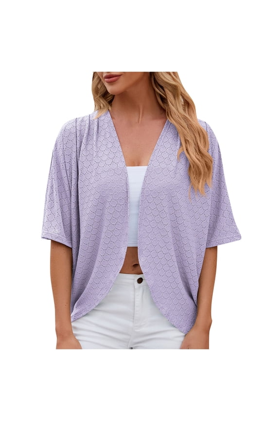 Women's Short Sleeve Bolero Shrug Lightweight Open Front Draped V Neck Hollow Out Cardigan Tops,Purple,XXL