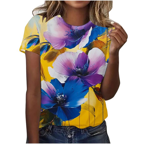 jtjvou Women's Short Sleeve Pullover Round Neck Blouse Plus Size Going out Tops for Teen Summer Trendy Fashion Floral Tops Multicolor,XL