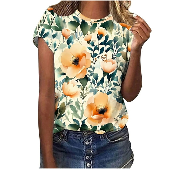 jtjvou Women's Short Sleeve Pullover Round Neck Blouse Trendy Fashion Floral Tops Summer Going out Tops for Teen Casual Loose Multicolor,S
