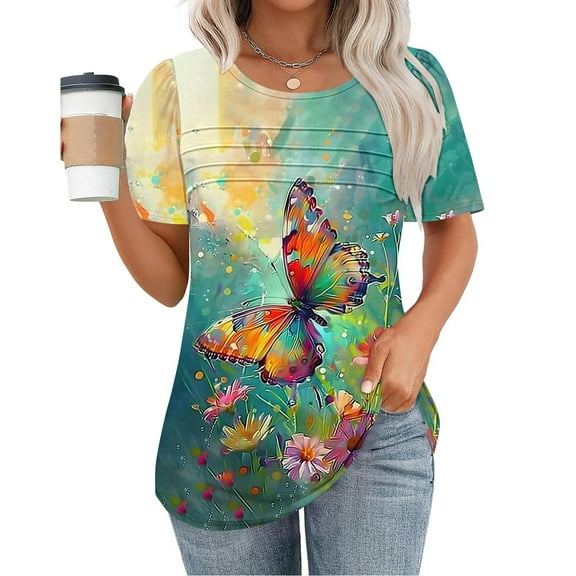 jtjvou Women's Short Sleeve Pullover Round Neck Tuinc Floral Tops Trendy Fashion Going out Tops for Teen Casual Loose Lady Summer Multicolor,S
