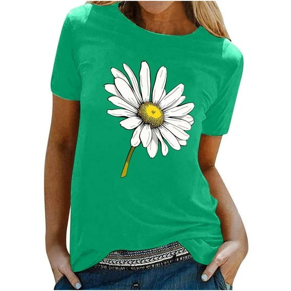 jtjvou Women's Short Sleeve Shirts Crewneck Blouse Summer Plus Size Trendy Fashion Lady Floral Tuinc Going out Tops for Teen Green,M