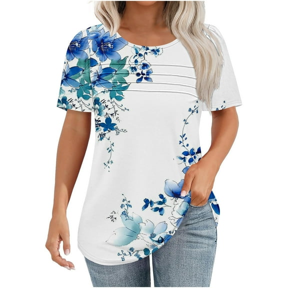 jtjvou Women's Short Sleeve Shirts Crewneck Pullover Plus Size Lady Trendy Fashion Summer Floral Print Tuinc Going out Tops for Teen Multicolor,S