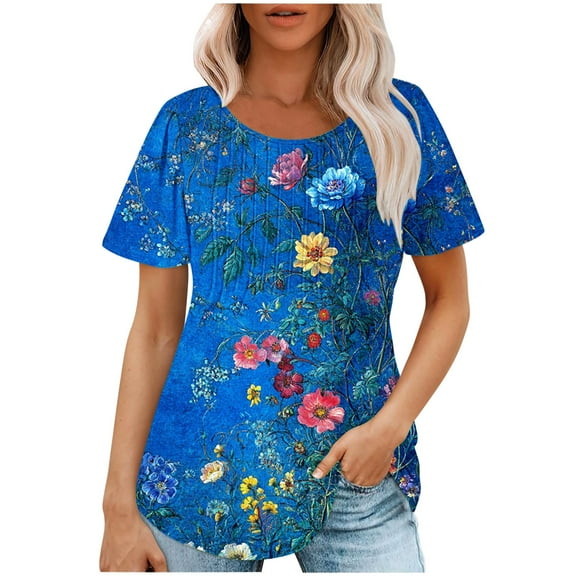 jtjvou Women's Short Sleeve Shirts Round Neck Blouse Going out Tops for Teen Trendy Fashion Summer Lady Oversize Floral Tuinc Multicolor,XL