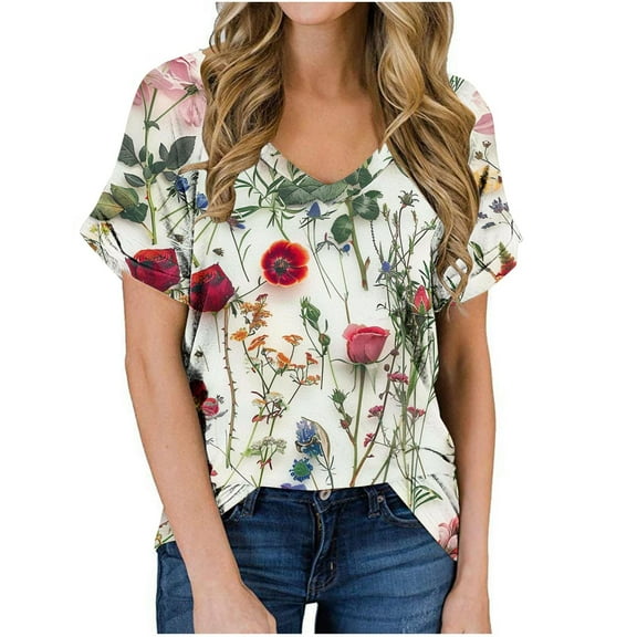 jtjvou Women's Short Sleeve Shirts V-Neck Shirts Summer Lady Trendy Fashion Casual Loose Going out Tops for Teen Floral Tuinc Multicolor,XXL