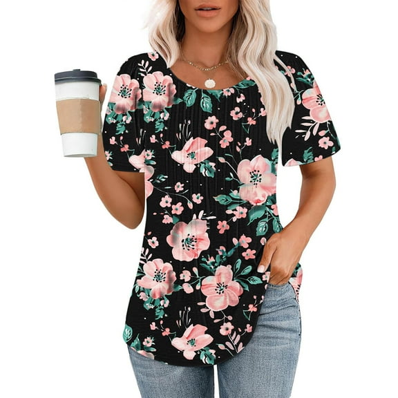 jtjvou Women's Short Sleeve Tees Crewneck Shirts Lady Trendy Fashion Going out Tops for Teen Oversize Floral Shirts Summer Multicolor,XL