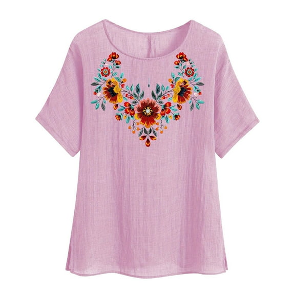jtjvou Women's Short Sleeve Tees Floral Print Shirts Crewneck Tuinc Summer Plus Size Going out Tops for Teen Trendy Fashion Lady Pink,M