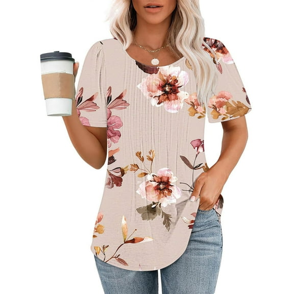 jtjvou Women's Short Sleeve Tops Crewneck Blouse Lady Trendy Fashion Going out Tops for Teen Summer Floral Blouse Casual Loose Multicolor,M