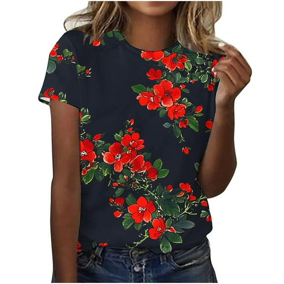 jtjvou Women's Short Sleeve Tops Crewneck Shirts Floral Blouse Plus Size Trendy Fashion Going out Tops for Teen Summer Lady Red,XXXL