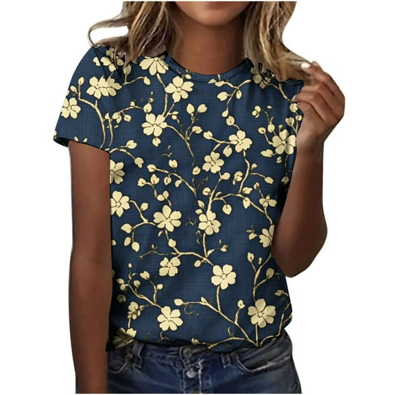 jtjvou Women's Short Sleeve Tops Crewneck Tuinc Going out Tops for Teen Summer Trendy Fashion Floral Blouse Plus Size Multicolor,XL