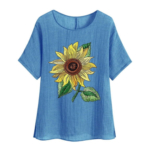 jtjvou Women's Cotton Linen Tops Short Sleeve Tops Floral Blouse Crewneck Blouse Lady Trendy Fashion Oversize Summer Going out Tops for Teen Blue,L