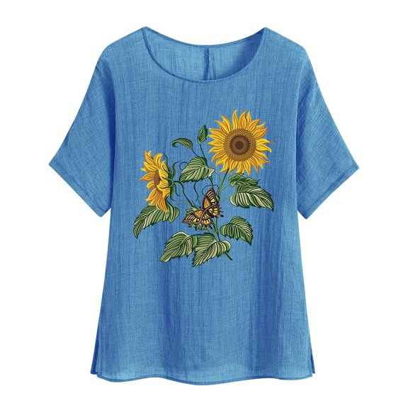 jtjvou Women's Cotton Linen Tops Short Sleeve Tops Floral Blouse Crewneck Pullover Going out Tops for Teen Oversize Trendy Fashion Summer Lady Blue,L