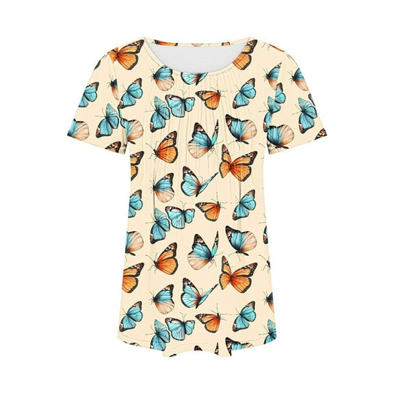 jtjvou Women's Short Sleeve Tops Round Neck Pullover Lady Floral Blouse Plus Size Going out Tops for Teen Trendy Fashion Summer Khaki,L