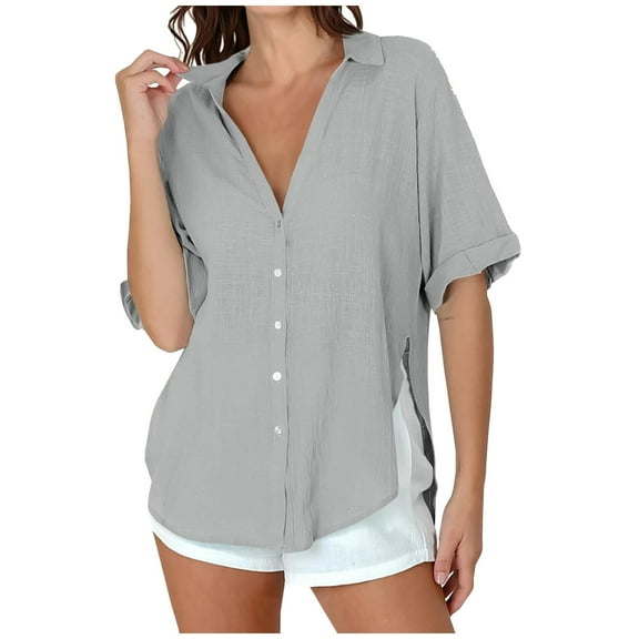 jtjvou Women's Short Sleeve Tops Summer Button Down Collared T Shirts Casual Cute Ladies Tees Gray XL