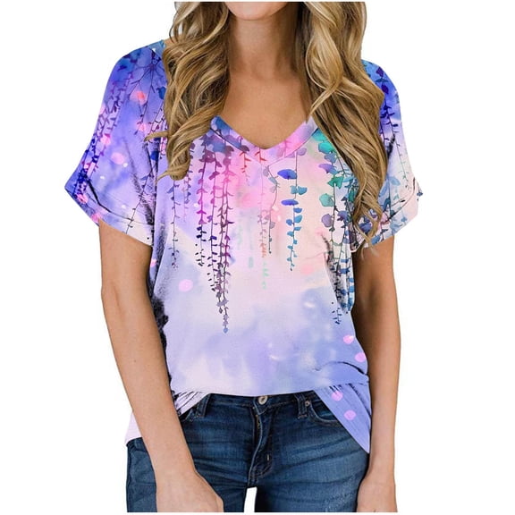 jtjvou Women's Short Sleeve Tops V-Neck Tuinc Summer Lady Casual Loose Trendy Fashion Going out Tops for Teen Floral Blouse Multicolor,XL