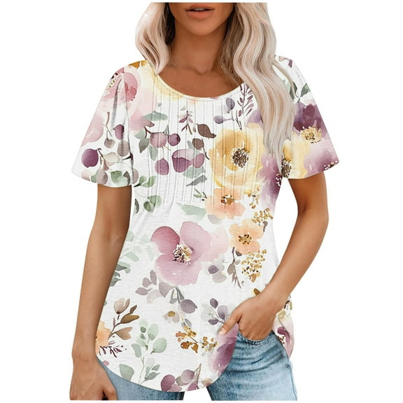jtjvou Women's Short Sleeve Tuinc Crewneck Tuinc Summer Going out Tops for Teen Trendy Fashion Floral Pullover Casual Loose Multicolor,M