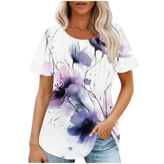 jtjvou Women's Short Sleeve Tuinc Round Neck Pullover Going out Tops for Teen Trendy Fashion Floral Pullover Casual Loose Lady Summer Multicolor,S