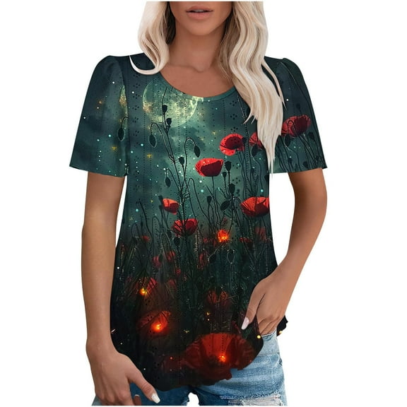 jtjvou Women's Dressy Flowy Tops Going out Tops for Teen Floral Blouse Short Sleeve Tops Summer Trendy Fashion Lady Oversize Round Neck Shirts Multicolor,XXXL
