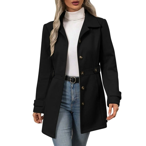jtjvou Women's Single Breasted Pea Coat Winter Notched Lapel Mid Long Wool Blend Trench Coat Black XL