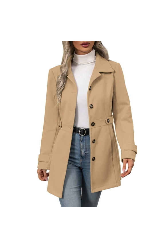 Women's Single Breasted Pea Coat Winter Notched Lapel Mid Long Wool Blend Trench Coat Yellow S