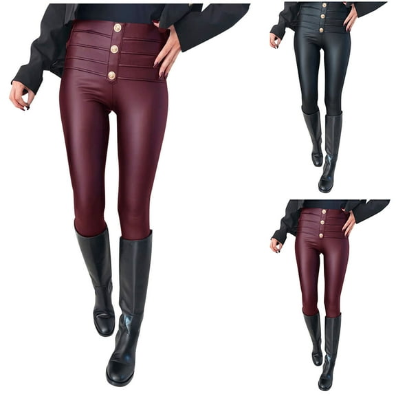 jtjvou Women's Skinny Faux Leather Pants Button High Waisted PU Stretchy Business Casual Work Pants with Side Zipper Black L