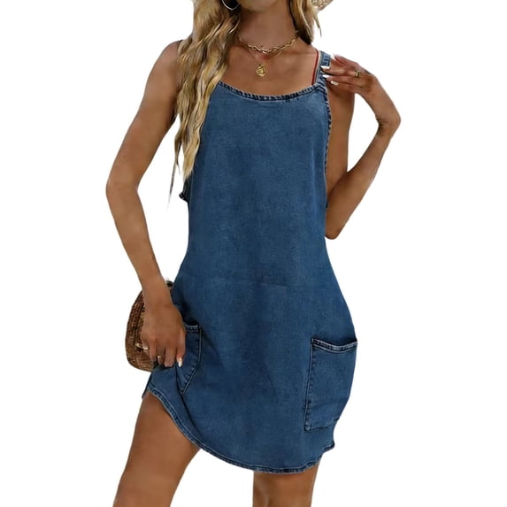 jtjvou Women's Sleeveless Denim Overall Dress Casual Vintage Loose Fit Mini Dress with Pockets Blue XL