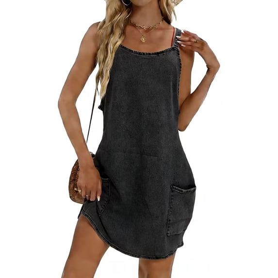 jtjvou Women's Sleeveless Denim Overall Dress Casual Vintage Loose Fit Mini Dress with Pockets Dark Gray XXL