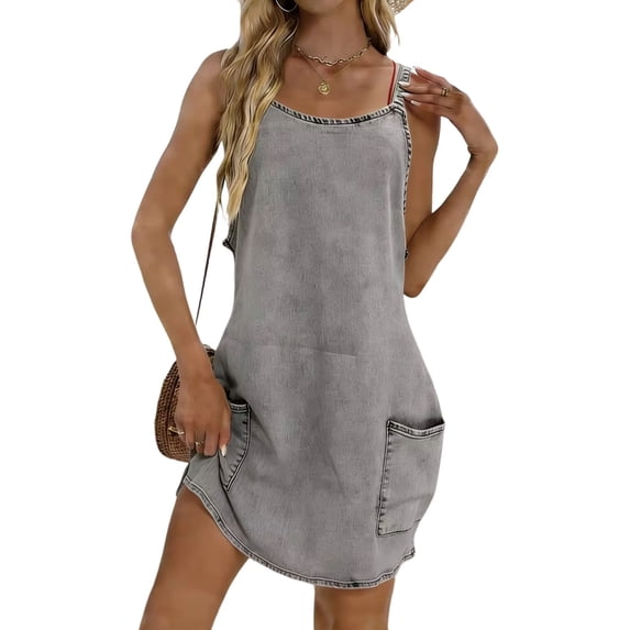 jtjvou Women's Sleeveless Denim Overall Dress Casual Vintage Loose Fit Mini Dress with Pockets Gray M