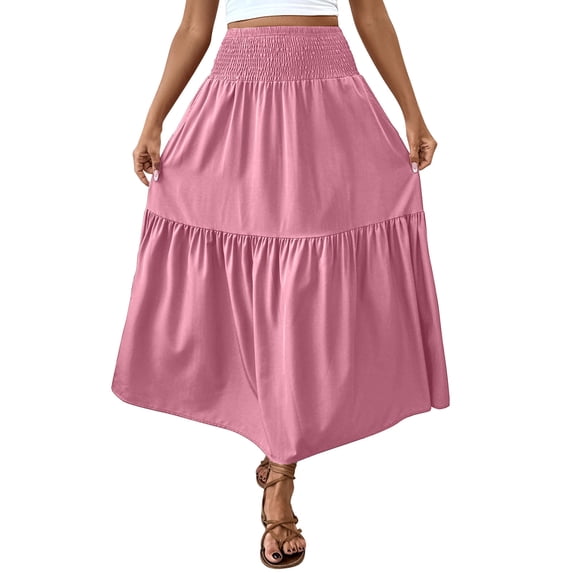 jtjvou Women's Smocked High Waist Elastic Waist Maxi Skirt Casual Fashion Boho Long Skirts with Pockets Pink L