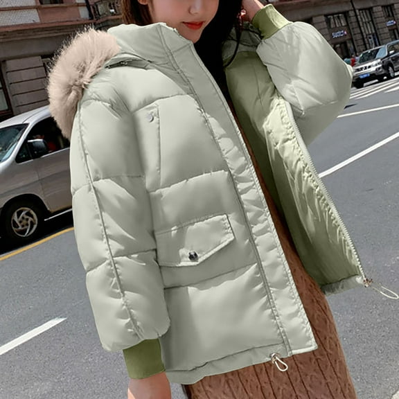 jtjvou Women's Solid Color Long Sleeve Zippered Pocket Jacket with Detachable Faux Fur Hood for Winter Green XL