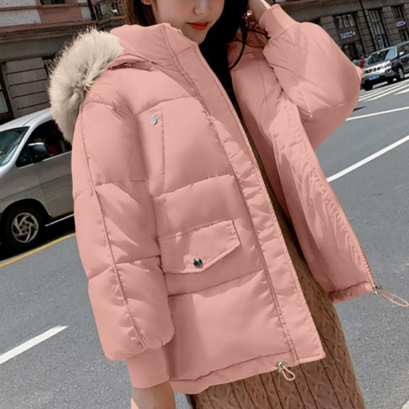 jtjvou Women's Solid Color Long Sleeve Zippered Pocket Jacket with Detachable Faux Fur Hood for Winter Pink S