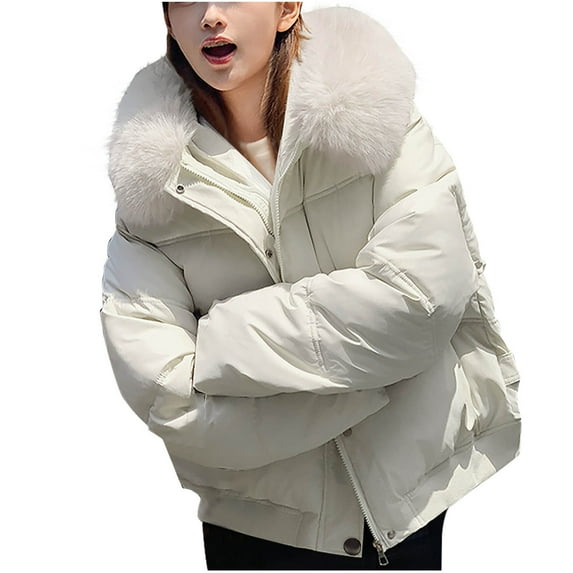 jtjvou Women's Solid Color Short Padded Long Sleeve Jacket with Faux Fur Hood and Buttons for Winter White M