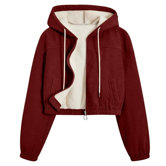 jtjvou Women's Solid Color Wool Lining With Thick Corduroy Long Sleeved Hooded Zipper Warm Lining Short Jacket Jacket With Pockets Red XXL