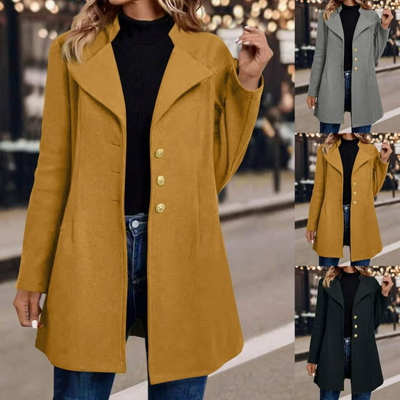 jtjvou Women's Solid Color Woolen Blend Pea Coat, Long Sleeve Lapel Comfy Casual Jacket Fashion Single Breasted Wool Coats Black L
