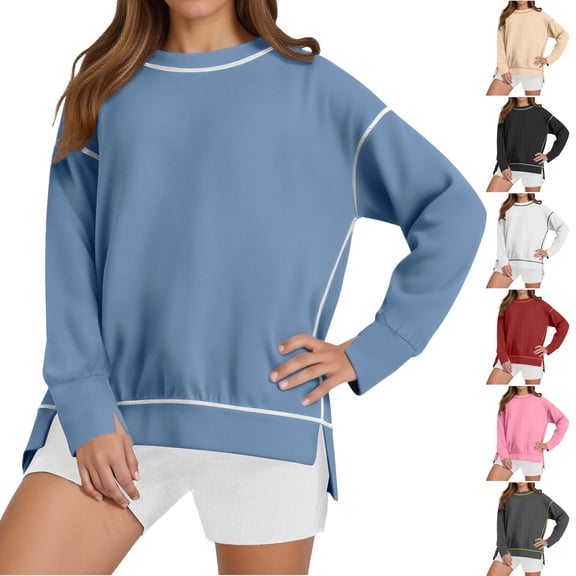jtjvou Women's Split Side High Low Crewneck Sweatshirts - Casual 2025 Fall Pullover Loose Long Sleeve Cute Tee Tops Beige L