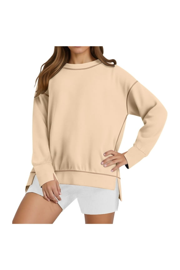 Women's Split Side High Low Crewneck Sweatshirts - Casual 2025 Fall Pullover Loose Long Sleeve Cute Tee Tops Beige XXL