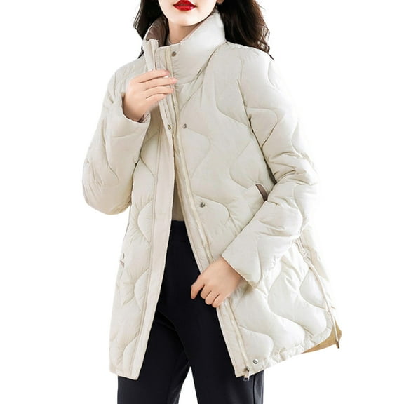 jtjvou Women's Spring Winter Mid-Length Down Cotton Jacket Korean Stand Collar Windproof Parkas Beige XL