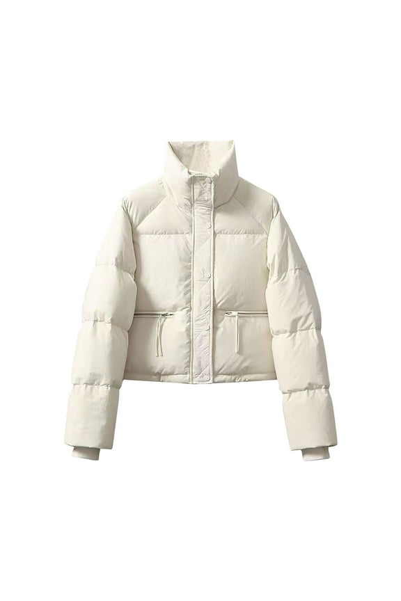 Women's Stand Collar Cropped Puffer Jacket Winter Thicken Warm Jacket Vegan Leather Padded Bubble Short Down Coats for Women White,XL