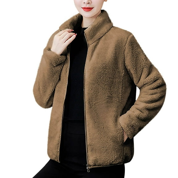 jtjvou Women's Stand Collar Fleece Jacket Fuzzy Long Sleeve Sherpa Winter Coats Zip Up Casual Plush Outerwear with Pockets Brown XXL