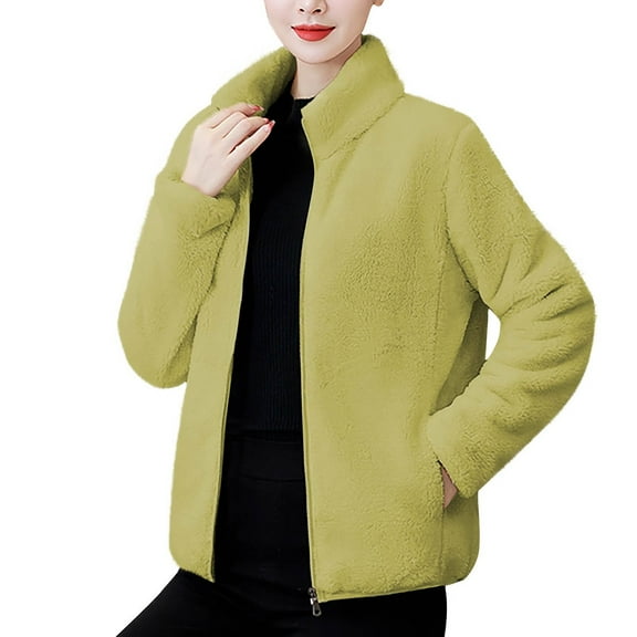 jtjvou Women's Stand Collar Fleece Jacket Fuzzy Long Sleeve Sherpa Winter Coats Zip Up Casual Plush Outerwear with Pockets Green L