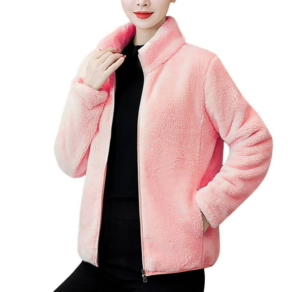 jtjvou Women's Stand Collar Fleece Jacket Fuzzy Long Sleeve Sherpa Winter Coats Zip Up Casual Plush Outerwear with Pockets Pink XL