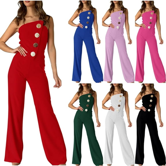 jtjvou Women's Strapless Tube Top Jumpsuit Metal Button Decor Loose Wide Leg Pants Black L